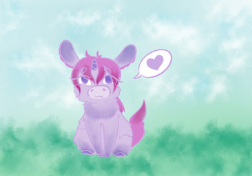 1_horn :3 ambiguous_feral ambiguous_gender chest_tuft dialogue eyelashes feral front_view fur hair hooves horn pink_hair pink_tail purple_body purple_eyes purple_fur purple_horn sitting solo speech_bubble spiral_horn tail tuft young young_ambiguous young_feral lemoncurds fluffy_pony fluffy_pony_(species) mammal 2021 digital_media_(artwork) hi_res pictographics