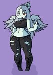 amber_eyes anthro big_breasts black_bottomwear black_clothing black_jeans black_pants boots bottomwear breasts clothing crop_top denim denim_bottomwear denim_clothing elbow_feathers eyelashes feathered_wings feathers female footwear gesture grey_body grey_hair grey_scales hair halter_top hand_gesture hand_on_hip hand_on_own_hip jeans jewelry long_hair looking_at_viewer middle_finger midriff necklace pants purple_background scales shirt shoes short_tail simple_background small_waist snout solo tail thick_thighs topwear torn_bottomwear torn_clothing torn_jeans torn_pants wide_hips wings ather_os third-party_edit cavemanon_studios goodbye_volcano_high snoot_game fang_(gvh) prehistoric_species pterodactylus pterosaur reptile scalie 2025 absurd_res digital_drawing_(artwork) digital_media_(artwork) hi_res