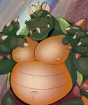 anthro belly bracelet claws clothed clothing crown green_body headgear horn jewelry male moobs navel nipples non-mammal_nipples overweight overweight_anthro overweight_male shell simple_background smile smirk solo spiked_bracelet spikes underwear dippubear mario_bros nintendo king_koopa koopa scalie 2023 hi_res