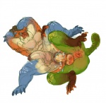 abs anthro balls biceps big_muscles bodily_fluids claws cum cum_in_ass cum_inside duo erection genital_fluids genitals humanoid_genitalia humanoid_penis male male/male muscular muscular_male non-mammal_balls pecs penis simple_background sweat tusks white_background custapple capcom monster_hunter amphibian amphibian_(mh) scalie tetsucabra 2015