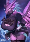 anthro big_breasts breasts clothed clothing crystal feathers female horn looking_at_viewer non-mammal_breasts smile solo tongue tongue_out wings eguchi_tumoru mythology dragon mythological_creature mythological_scalie scalie hi_res