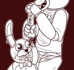 animatronic anthro avian bib bird black_pepper bonnie_(fnaf) bow_(feature) bow_tie buckle chica_(fnaf) chicken crisis-omega dildo duo five_nights_at_freddy's food food_fetish food_play galliform gallus_(genus) lagomorph leporid machine male mammal monochrome oral oral_penetration penetration phasianid pizza rabbit robot scottgames sex_toy smile strapon straps what_has_science_done
