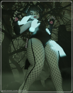 anthro band-aid bandage black_body black_fur black_hair black_nose bunny_costume cemetery clothing costume disembodied_hand fangs femboy fishnet_clothing forest fur ghost_hand hair holidays male plant surprised teeth text tree white_body white_fur envivr blender_cycles halloween envi(sona) canid canine mammal 3d_(artwork) absurd_res blender_(artwork) digital_media_(artwork) hi_res url