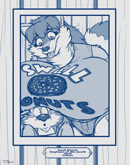 anthro apron big_breasts biped boob_hat bottomwear breasts closed_smile clothed clothed_anthro clothed_male clothing countershade_face countershade_fur countershade_legs countershade_neck countershading duo employee_of_the_month eyebrows eyelashes facial_markings fangs female female_anthro fur hair head_markings huge_breasts larger_anthro larger_female long_hair looking_at_viewer looking_down looking_down_at_another male male_anthro markings mask_(marking) mouth_closed multicolored_body multicolored_fur photo picture_frame print_clothing print_shirt print_t-shirt print_topwear ring_(marking) ringed_tail shirt shorts size_difference smaller_anthro smaller_male smile smiling_at_another standing striped_markings striped_tail stripes t-shirt tail tail_markings teeth text text_on_t-shirt tongue tongue_out toony topwear wall_(structure) whisker_spots wood wood_wall teaselbone swell_donuts connie_(bennie_tiger) teaselbone_(character) canid canine canis mammal procyonid raccoon wolf 2023 blue_and_white character_name digital_drawing_(artwork) digital_media_(artwork) english_text monochrome signature
