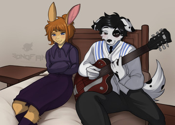 anthro bedroom bottomwear clothing duo electric_guitar female guitar male musical_instrument orange_body plucked_string_instrument purple_bottomwear purple_clothing purple_shirt purple_skirt purple_topwear shirt sitting skirt string_instrument sweater topwear white_body white_clothing white_sweater white_topwear sonofan jane_kruger jim_kruger canid canine canis domestic_dog lagomorph leporid mammal rabbit herm_(lore)
