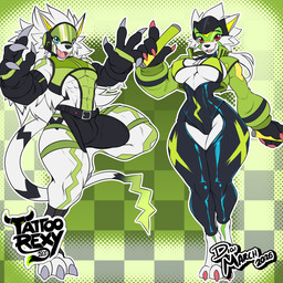 abs anthro athletic athletic_anthro athletic_male bikini blue_eyes bodysuit breasts bulge claws clothing duo female fur male navel pecs red_eyes sharp_teeth skinsuit skintight_suit spandex_suit swimwear teeth tight_clothing two-piece_swimsuit visor white_body white_fur tattoorexy bandai_namco digimon digimon_(species) runnermon 2026