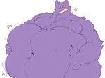 anthro belly belly_grab belly_squish big_belly fur hand_on_own_belly huge_belly jiggling male morbidly_obese navel obese overweight purple_body solo squish text thick_thighs itzamug nintendo pokemon generation_1_pokemon gengar pokemon_(species) 2023 english_text hi_res