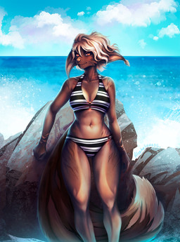 accessory anthro bikini brown_body brown_fur clothing ear_tuft female fur hair hair_accessory hairclip orange_eyes pattern_bikini pattern_clothing pattern_swimwear rock sea solo striped_bikini striped_clothing striped_swimwear stripes swimwear tuft two-piece_swimsuit water wave white_hair av_malina saoirse_(allen_fuller) domestic_cat felid feline felis hybrid lynx maine_coon mammal 2023 absurd_res hi_res story story_in_description