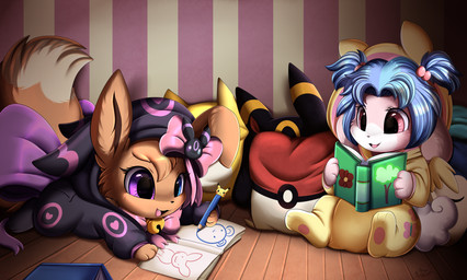 accessory bell book bow_(feature) bow_accessory bow_ribbon bow_tie clothing duo female feral floor furgonomics hair hair_accessory hair_bow hair_ribbon hoodie inside lying night onesie pencil_(object) pillow ribbons smile sploot tail tail_accessory tail_bow tail_ribbon topwear wall_(structure) writing_utensil pridark nintendo pokemon eevee eeveelution generation_1_pokemon generation_2_pokemon lagomorph leporid mammal pokemon_(species) rabbit umbreon absurd_res hi_res