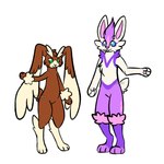 ambiguous_gender ankle_tuft anthro blue_eyes brown_body brown_fur buckteeth cheek_tuft digitigrade duo facial_tuft feet floppy_ears fur green_eyes handpaw hindpaw leg_tuft long_ears pawpads paws pink_inner_ear pink_nose pink_pawpads purple_body purple_fur scut_tail short_tail simple_background smile tail teeth tuft white_background white_body white_fur cloudpie conditional_dnp nintendo pokemon fan_character silver_(cloudpie) cinderace generation_4_pokemon generation_8_pokemon lopunny pokemon_(species) 1:1 2021 clip_studio_paint_(artwork) digital_drawing_(artwork) digital_media_(artwork) flat_colors full-length_portrait portrait