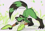 action_pose anthro ass_up blue_eyes claws female fur green_body green_fur hand_wraps leaf leaf_blade markings pose solo striped_markings striped_tail stripes tail tail_markings toe_claws wraps daxterado rivals_of_aether maypul domestic_ferret hybrid mammal mustelid musteline procyonid raccoon true_musteline weasel