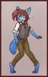 anthro belt blue_body blue_eyes blue_fur border brown_hair clothed clothing cosplay female fluffy fluffy_tail fully_clothed fur grey_background gun hair handgun holster knock-kneed looking_at_viewer necktie open_mouth pigeon_toed ranged_weapon red_border simple_background solo standing tail topwear vest weapon white_body white_fur worried shouk microsoft tango_gameworks the_evil_within fael sebastian_castellanos_(the_evil_within) canid canine canis mammal wolf hi_res