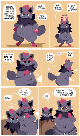 anthro biped bottomless bottomless_anthro box chair clothed clothing container costume dialogue fluffy fluffy_tail fur furniture fursuit head_tuft looking_down male markings multicolored_body multicolored_fur neck_tuft open_mouth pear-shaped_figure simple_background smile solo sound_effects sparkles species_transformation speech_bubble suit tail text transformation tuft tufted_fur wide_hips sutihukka nintendo pokemon suti_(sutihukka) canid canine fox generation_5_pokemon mammal pokemon_(species) zorua 2026 absurd_res comic english_text hi_res