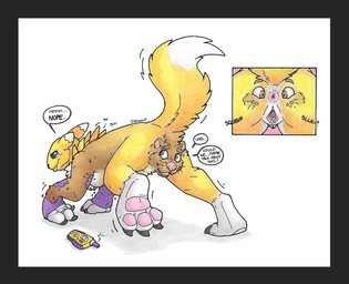 3_fingers 3_toes all_fours anthro anus anus_transformation ass_up begging black_sclera body_part_transformation border brown_body brown_fur butt_transformation claws conjoined digivice feet female finger_claws fingers fur genitals grey_background grey_border hand_feet handpaw implied_permanent loss_of_speech male male/female mid_transformation pawpads paws pink_pawpads simple_background smug_face solo tan_body tan_fur text toe_claws toes tongue tongue_out transformation transformation_sequence upside_down_transformation vulva vulva_transformation whiskers white_background white_body white_fur worried yellow_body yellow_fur danwolf15 bandai_namco digimon digimon_(species) mammal mustelid otter pushmi-pullyu renamon english_text