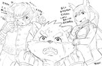 anthro bandage doll femboy group heart_symbol male male/male plushie scar shocked text trio hijirinoyuta lifewonders tokyo_afterschool_summoners moritaka_(tas) tanetomo_(tas) yoshito_(tas) canid canine canis domestic_dog mammal hi_res japanese_text monochrome