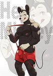 anthro black_body bottomwear bulge clothing male muscular pants red_bottomwear red_clothing red_pants solo tongue tongue_out white_body mumu202 disney mickey_mouse mammal mouse murid murine rodent 2024