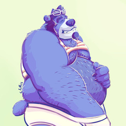 anthro arm_hair belly belly_hair big_belly blue_body blue_fur blue_nose blue_tail body_hair boxer_briefs chest_hair clothed clothing eyes_closed eyewear eyewear_on_head fur glasses glasses_on_head grin hand_in_underwear male male_anthro navel overweight overweight_anthro overweight_male short_tail side_view simple_background smile solo tail topless underwear white_boxer_briefs white_clothing white_underwear chocolateandmilk bear mammal 1:1 2016 dated hi_res signature