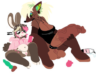 accessory anthro anthro_on_anthro balls big_breasts big_penis bottomless breasts cleavage clothed clothing cock_ring cross dildo duo ear_piercing electronics eyelashes female female_anthro fluffy fluffy_tail genitals gynomorph gynomorph/female gynomorph_anthro half-erect hand_on_own_penis hand_on_penis holding_object holding_phone hoodie hoodie_only huge_penis hyper hyper_genitalia hyper_penis industrial_piercing intersex intersex/female intersex_anthro inverted_cross inverted_cross_necklace jewelry looking_at_porn masturbation medium_hair navel penile penile_masturbation penis penis_accessory penis_jewelry phone piercing pornography sex_toy sitting slightly_chubby slightly_chubby_anthro slightly_chubby_female small_breasts spiked_cock_ring spikes tail text thick_thighs topwear topwear_only vein veiny_penis vulva mintii cal_(mintii) misty_(mintii) hyena lagomorph leporid mammal rabbit 2024 digital_media_(artwork) english_text hi_res