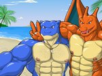 abs anthro anthrofied beach body_hair chest_hair duo gesture hand_gesture jewelry looking_at_viewer male male/male muscular muscular_anthro muscular_male necklace nipple_piercing nipples outside pecs piercing seaside selfie smile v_sign wings nanbuskhan nintendo pokemon blastoise charizard generation_1_pokemon pokemon_(species) 2020 hi_res