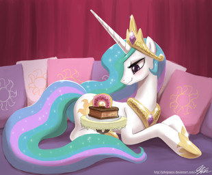 bed blush cake crown curtains cutie_mark dessert doughnut feathered_wings feathers female feral food furniture gem gold_(metal) hair headgear horn icing inside jewelry multicolored_hair necklace on_bed pastry pillow plate quadruped smile solo sun table tail text white_body white_feathers wings john_joseco friendship_is_magic hasbro my_little_pony mythology princess_celestia_(mlp) equid equine mammal mythological_creature mythological_equine winged_unicorn url