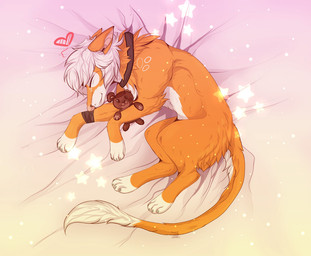 ambiguous_gender bedding bedding_background butt_tuft collar ears_back eyes_closed feral fur hair heart_symbol leg_markings leg_tuft lying markings on_side orange_body orange_fur pink_nose pivoted_ears plushie smile socks_(marking) solo tail teddy_bear tuft unsigned white_body white_fur white_hair santanahoffman canid mammal full-length_portrait portrait