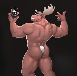 5_fingers anthro antlers barazoku big_muscles biped black_background brown_body brown_fur butler butt cellphone electronics eyebrows eyewear facial_hair fingernails fingers fur gesturing_at_viewer holding_cellphone holding_object holding_phone holding_smartphone horn humanoid_hands inner_ear_fluff looking_at_viewer male male_anthro manly mature_anthro mature_male monocle monocle_only monotone_background mouth_closed muscular muscular_anthro muscular_male mustache nails nude nude_anthro nude_male phone pink_inner_ear pose rear_view short_tail simple_background smartphone solo standing tail three-quarter_view tuft wearing_monocle white_eyebrows white_facial_hair white_inner_ear_fluff white_mustache white_tail dullaram abelwood_(dullaram) deer mammal moose new_world_deer digital_media_(artwork) hi_res portrait shaded three-quarter_portrait