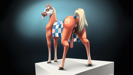 animal_genitalia animal_penis anus balls blonde_hair butt equine_genitalia equine_penis erection feral genitals hair looking_back male penis presenting presenting_hindquarters raised_tail simple_background smile solo tail tongue tongue_out unknown_artist equid equine horse mammal hi_res source_request