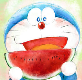 anthro blue_body blue_fur detailed_food food fruit fur holding_food holding_object machine male melon open_mouth plant red_nose solo tongue watermelon watermelon_slice whiskers white_body white_fur mt_tg doraemon doraemon_(character) domestic_cat felid feline felis mammal robot 2022 detailed shaded