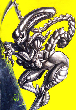 black_body breasts bright_colors claws curvy_figure eyeless female finger_claws glistening glistening_body medium_breasts pose seductive sharp_teeth simple_background small_waist smile solo standing tail teeth wide_hips yellow_background tlen_borowski alien_(franchise) alien xenomorph 2025 alternate_version_at_source hi_res traditional_media_(artwork)
