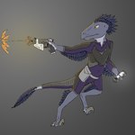 anthro clothing communicator female gun hanakan handgun pistol ranged_weapon solo uniform weapon tiny_terrible starfinder_(rpg) dinosaur dromaeosaurid dromaeosaurus prehistoric_species reptile scalie theropod 1:1