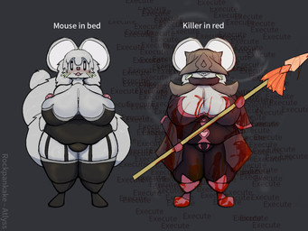 anthro armor big_breasts blood bodily_fluids breasts clothing covered_eyes female maid_uniform melee_weapon overweight polearm simple_background solo spear standing text uniform weapon white_body rockpankake atlyss mammal mouse murid murine rodent 2025 4:3 digital_media_(artwork) english_text hi_res