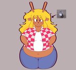 anthro belly belly_overhang big_belly big_breasts black_eyes blonde_hair blush bottomwear breasts brown_body brown_horn clothing denim denim_bottomwear denim_clothing directional_arrow ear_piercing ear_ring female freckled_arms freckled_face freckles front_view grey_background hair hand_on_belly horn huge_belly huge_breasts jeans navel overweight overweight_anthro overweight_female pants piercing ring_piercing shirt simple_background solo standing thick_thighs topwear undershirt wide_hips kevhypep deltarune undertale_(series) noelle_holiday deer mammal new_world_deer reindeer 2024 digital_drawing_(artwork) digital_media_(artwork) hi_res