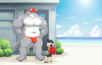 anthro backpack beach bottomwear bulge clothing cloud detailed_background duo hat headgear headwear humanoid_hands male musclegut muscular navel outside red_clothing red_hat red_headwear red_speedo red_swimwear seaside shirt shorts shota speedo swimwear topwear water young young_human young_male saturnboy canid canine canis human mammal wolf 2021