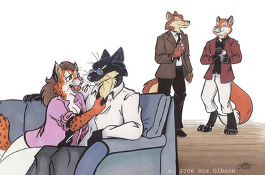 anthro aroused_face barefoot bedroom_eyes black_body black_fur black_nose brown_hair cheek_tuft classy claws clothing collared_shirt confident countershade_neck countershading dipstick_tail dress_shirt duo_focus exposed_chest eye_contact eyewear facial_tuft feet female fur furniture glasses group hair hand_on_cheek hand_on_sofa holding_glass holding_object imminent_sex inner_ear_fluff looking_at_another male male/female markings multicolored_body multicolored_fur narrowed_eyes naughty_face necktie on_sofa open_mouth orange_body orange_fur pince-nez seductive shirt simple_background sitting sitting_on_sofa sofa spots spotted_body spotted_fur standing suit suit_jacket suit_pants tail tail_markings tan_body tan_fur teeth toe_claws topwear tuft two_tone_body two_tone_fur unbuttoned_shirt whiskers white_background white_clothing white_shirt white_topwear roz_gibson custer_winston jack_salem canid canine canis felid feline fox gulonine hybrid mammal marten mustelid musteline red_fox red_wolf sable_(marten) true_fox wolf 2005 signature traditional_media_(artwork)