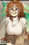 anthro big_breasts bottomwear breasts brown_hair clothing eyewear female freckled_face freckles front_view glasses hair leaf leaf_hair looking_at_viewer plant plant_hair pseudo_hair round_glasses skirt solo sweater tan_body topwear mochii_tiger nintendo pokemon eeveelution generation_4_pokemon leafeon pokemon_(species)