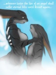 anthro anthro_on_anthro bioluminescence breasts brown_eyes duo eyes_closed female glowing grey_hair hair hug larger_female male male/female nipples nude side_boob simple_background size_difference smaller_male tall text wings ipoke antar karmasi felid mammal si'itiae 3:4 english_text