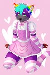 anthro blue_hair clothed clothing collar crossdressing femboy fur green_eyes grey_snout hair legwear maid_headdress maid_uniform male multicolored_body multicolored_ears multicolored_fur pink_collar purple_body purple_fur rainbow_ears red_paws simple_background smile solo teeth uniform anthraxthehyena hyena mammal digital_media_(artwork) hi_res