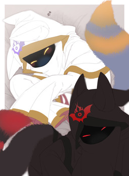 alternate_species ambiguous_gender anthro bed black_body black_cloak black_clothing black_fur blue_body blue_fur blush border cloak clothed clothed_ambiguous clothed_anthro clothing dipstick_tail duo fur furgonomic_headwear furgonomics furniture furrification glowing glowing_eyes looking_at_viewer markings mouthless multicolored_body multicolored_fur on_bed red_body red_eyes red_fur shadow_face sleeping sound_effects striped_body striped_fur striped_markings striped_tail stripes tail tail_markings two_tone_body two_tone_fur vowelless vowelless_sound_effect white_border white_cloak white_clothing yellow_body yellow_eyes yellow_fur zzz zakobennki kirby_(series) nintendo hyness_(kirby) alien canid canine fox mammal 2025 absurd_res digital_drawing_(artwork) digital_media_(artwork) hi_res japanese_description male_(lore)