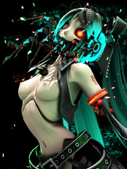 accessory arched_back arm_tattoo belt blue_hair bow_ribbon breasts claws clothed clothing electronics female glowing glowing_eyes glowing_hair hair hair_accessory hair_bow hair_ribbon headphones jewelry long_hair looking_at_viewer machine medium_breasts necklace nipples not_furry_focus open_clothing open_shirt open_topwear red_eyes ribbons shirt skull_necklace solo tattoo teeth topwear twintails_(hairstyle) deino_(artist) vocaloid calne_ca hatsune_miku arthropod crustacean humanoid isopod malacostracan robot robot_humanoid 2012 3:4 3d_(artwork) autodesk_3ds_max_(artwork) digital_media_(artwork) hi_res