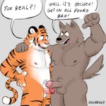 anthro blush canid canine canis comparing comparing_penis dogbro69 duo felid hi_res male male/male mammal pantherine tiger
