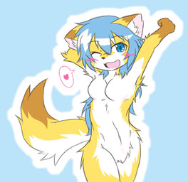 anthro blue_background blue_eyes blue_hair blush breasts brown_body brown_fur crotch_tuft featureless_breasts featureless_crotch female fluffy fluffy_tail fur hair heart_symbol kemono long_hair nude one_eye_closed open_mouth orange_body orange_fur simple_background solo speech_bubble standing tail tuft white_body white_fur acky05 canid canine fox mammal 2015