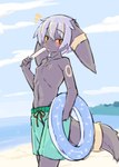 anthro anthrofied areola beach blush breasts casual_exposure clothed clothing cloud cute_fangs day emanata fangs female female_anthro flat_chested food fur grey_body grey_fur grey_hair hair inflatable inner_tube kemono looking_at_viewer navel nipples open_mouth outside pokemorph popsicle sea seaside short_hair sky solo swimming_trunks swimwear tail teeth tongue tongue_out topless topless_anthro topless_female water yukiharu_nyawate male_swimwear_challenge nintendo pokemon eeveelution generation_2_pokemon pokemon_(species) umbreon 2021 digital_media_(artwork) hi_res portrait three-quarter_portrait