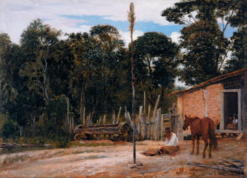 ambiguous_gender beard biped building clothed clothed_female clothed_human clothed_male clothing crouching detailed_background facial_hair female female_human fence feral forest group hair halter hat headgear headwear holding_object holding_smoking_pipe hooves house leash log male male_human mane outside plant quadruped shrub sitting smoking smoking_pipe standing tail tree trio unguligrade wood almeida_junior public_domain equid equine horse human mammal 1895 19th_century absurd_res ancient_art dated hi_res oil_painting_(artwork) painting_(artwork) signature traditional_media_(artwork) traditional_painting_(artwork)