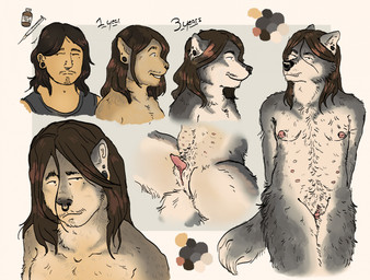 anthro big_clitoris blue_background breasts brown_hair clitoris clitoris_expansion clothing facial_hair facial_piercing female female_anthro front_view fur fur_growth genitals grey_body grey_fur growth hair hormone_replacement_therapy human_to_anthro male male_human mid_transformation nipples nose_piercing nose_ring nude_anthro piercing pubes ring_piercing shirt side_view simple_background small_breasts smile solo species_transformation tank_top topwear transformation vulva oshaviolation arber_(oshaviolation) canid canine canis human humanoid mammal wolf hi_res trans_(lore)