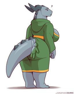 5_fingers anthro back_spikes big_breasts big_butt black_horn bottomless breasts butt clothed clothing duo female fingers furgonomics green_clothing green_hood green_robe grey_body grey_eyes grey_scales half-closed_eyes horn huge_breasts huge_butt huge_thighs narrowed_eyes question_mark rear_view robe scales side_boob spiked_tail spikes spikes_(anatomy) standing tail text thick_thighs yellow_clothing yellow_robe colarix meccha_chameleon mythology milfnir dragon mythological_creature mythological_scalie scalie 2026 absurd_res hi_res url
