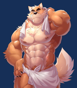 anthro bodily_fluids male muscular nipples solo sweat towel towel_around_neck towel_around_waist takemoto_arashi otake canid canine canis domestic_dog mammal shiba_inu spitz