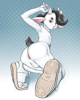 2_horns 5_fingers accessory anthro anus areola arm_tuft backsack balls bent_arm bent_legs big_butt biped black_eyebrows black_fingernails black_hair black_nails black_tail blue_background butt butt_pose clothing colored_nails cross cross_ear_piercing cross_piercing curved_horn dotted_background ear_piercing eyebrows eyelashes eyeshadow fingernails fingers footwear footwear_only genitals gradient_background grey_background grey_eyeshadow hair hair_accessory hair_bun hair_tie half-closed_eyes halftone_background horizontal_pupils horn iris kneeling leaning leaning_forward looking_at_viewer looking_back looking_back_at_viewer makeup male male_anthro mostly_nude mostly_nude_anthro mostly_nude_male nails narrowed_eyes nipples open_mouth pattern_background perineum piercing pink_anus pink_areola pink_inner_ear pink_nipples pink_nose plantigrade pose presenting pupils raised_arm raised_hand raised_heel red_eyes scut_tail shoelaces shoes shoes_only short_hair short_tail shoulder_tuft simple_background slim slim_anthro slim_male sneakers sneakers_only solo tail text three-quarter_view tuft white_background white_balls white_body white_clothing white_ears white_footwear white_horn white_sclera white_shoes white_sneakers white_tuft jenokamui agni_(jenokamui) bovid caprine goat mammal 4:5 absurd_res artist_name english_description full-length_portrait halftone hi_res pinup portrait shaded