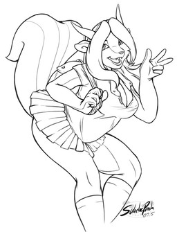 anthro backpack bottomwear breasts cleavage clothed clothing female gesture horn legwear lips miniskirt open_mouth school_uniform skirt slightly_chubby slightly_chubby_anthro slightly_chubby_female smile solo stockings tail uniform sukebepanda kyera hybrid mammal mephitid skunk striped_skunk unknown_species black_and_white line_art monochrome