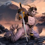 1:1 2024 anthro bodily_fluids charr claws clothing curved_horn detailed_background eleacat fangs featureless_chest felid female fingerless_gloves flat_chested genital_fluids genitals gloves green_eyes guild_wars handwear hi_res holding_melee_weapon holding_object holding_sword holding_weapon horn kneeling looking_at_viewer mammal melee_weapon mostly_nude mountain multi_ear nature outside pussy river sabertooth_(anatomy) sky solo sunset sword teeth vaginal_fluids weapon whiskers