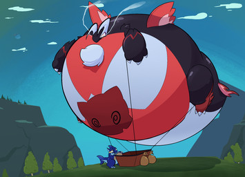 aircraft balloon cloud dizzy_eyes fire_from_nose grass hot_air_balloon hyper hyper_inflation inflatable inflation mountain plant rock sentient_markings shadow sky spiral spiral_eyes tree vehicle areoants palworld pocketpair anthony_(psychofloatzel) gobfin jetragon orserk pal_(species) 2025 hi_res